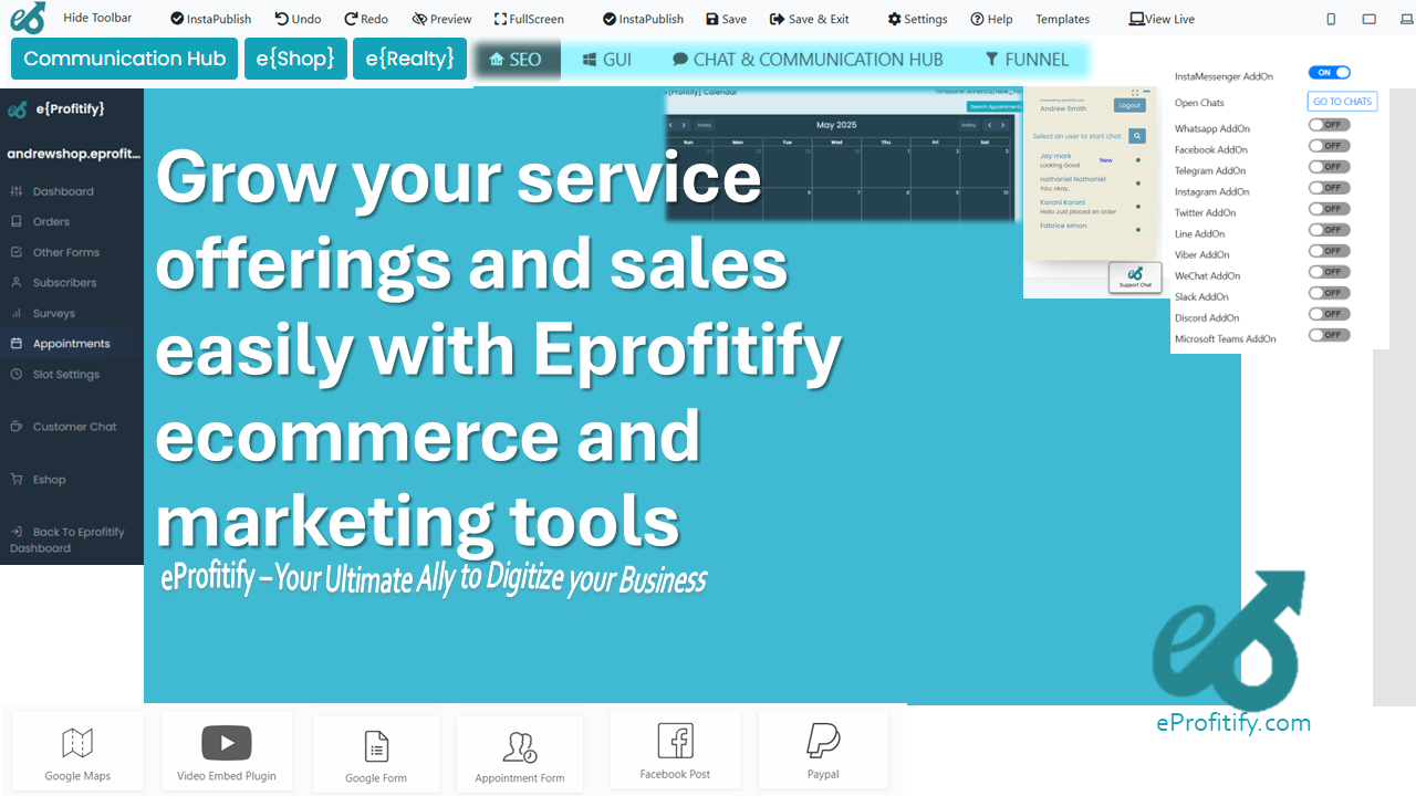 Grow your service offerings and sales easily with Eprofitify ecommerce and marketing tools